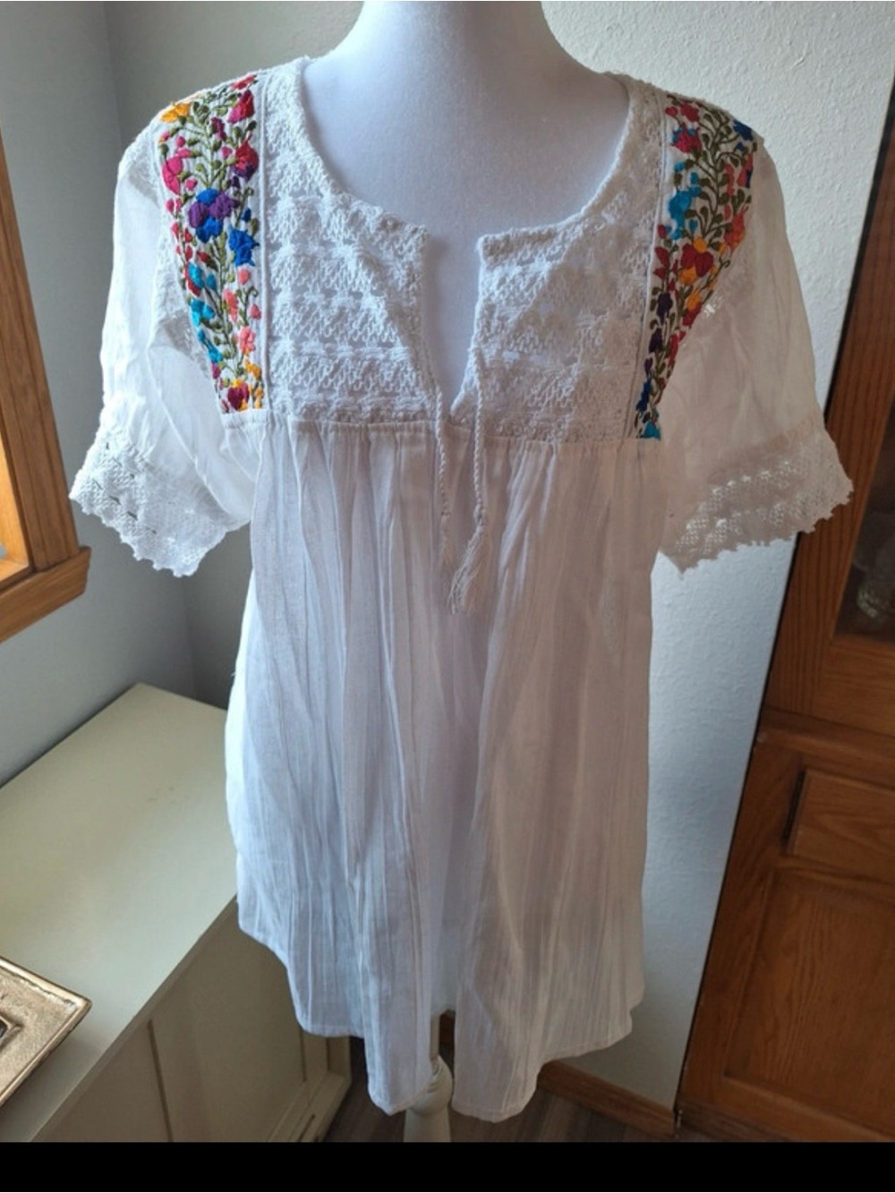 MEXICANA White Cotton Tunic with Colorful Floral Embroidery